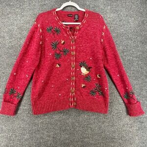 Northcrest Cardigan Womens M Birds Print Button Up Artsy Art to Wear Grannycore